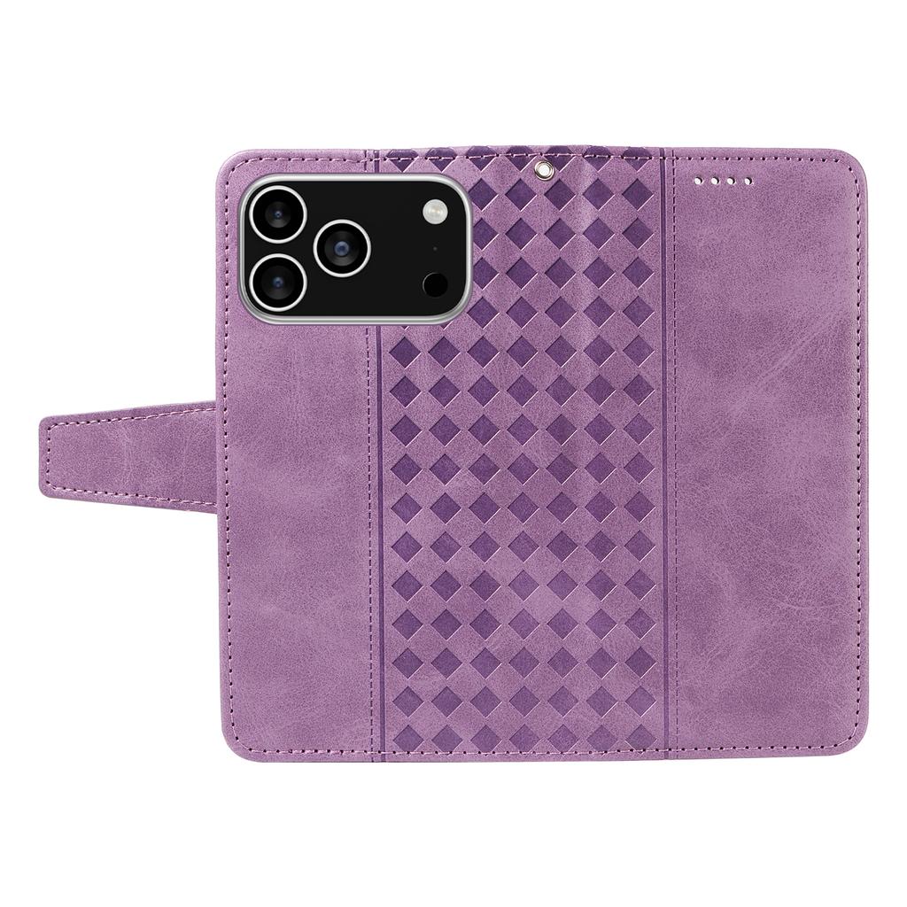 For iPhone 17 Pro Leather Case Wallet Stand Grids Imprinted Phone Cover with Strap