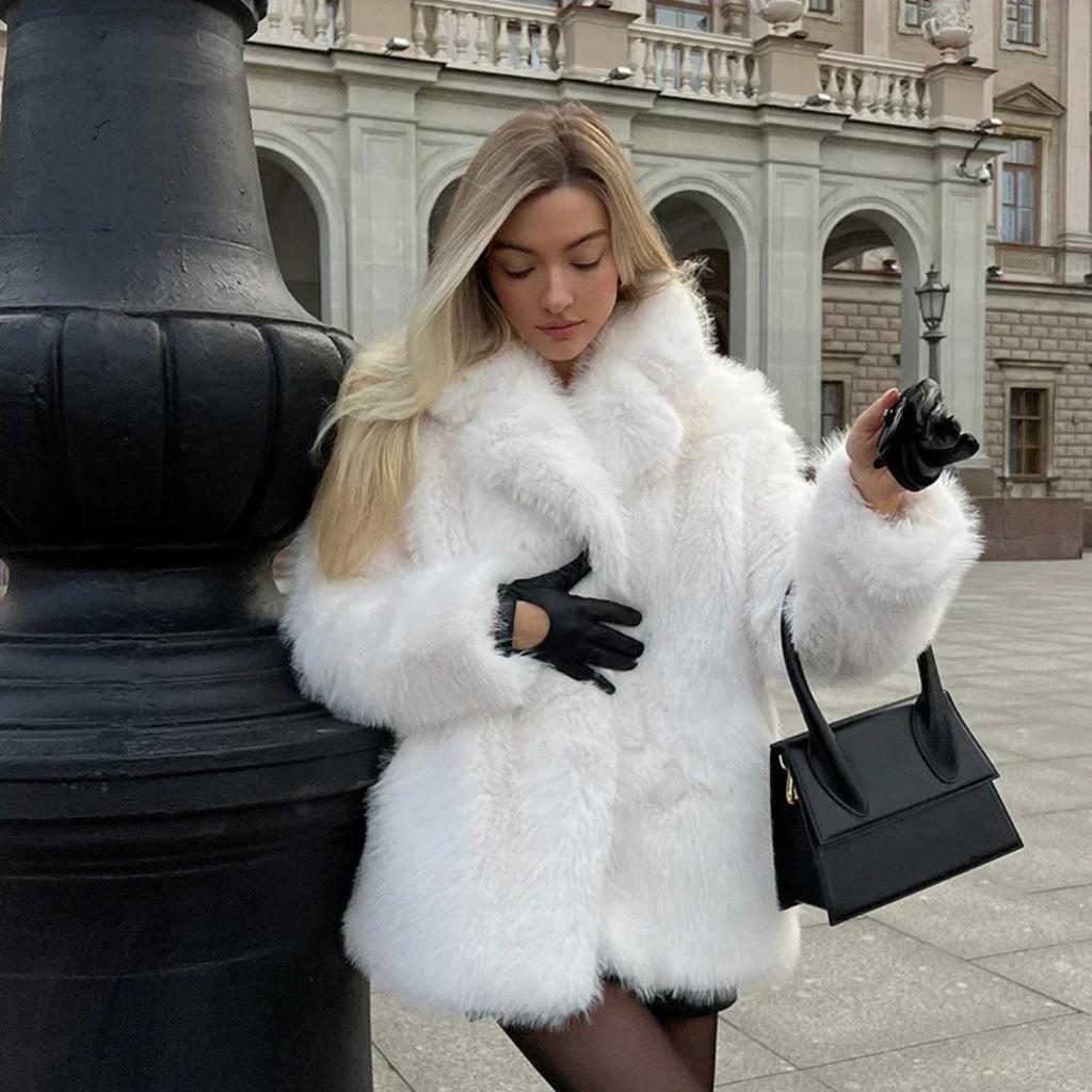 VAYLA Fashion Fluffy Furry Faux Fur Jacket Women Winter Shaggy Overcoats Thick Warm Medium Length Fox Fur Coat Plush Outerwear Femme
