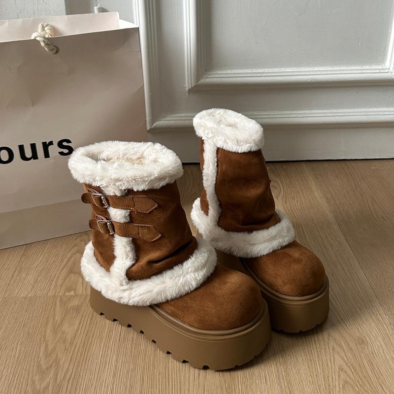 White thick-soled heightening piled thickened snow boots women's new winter warm Northeast fluffy cotton shoes