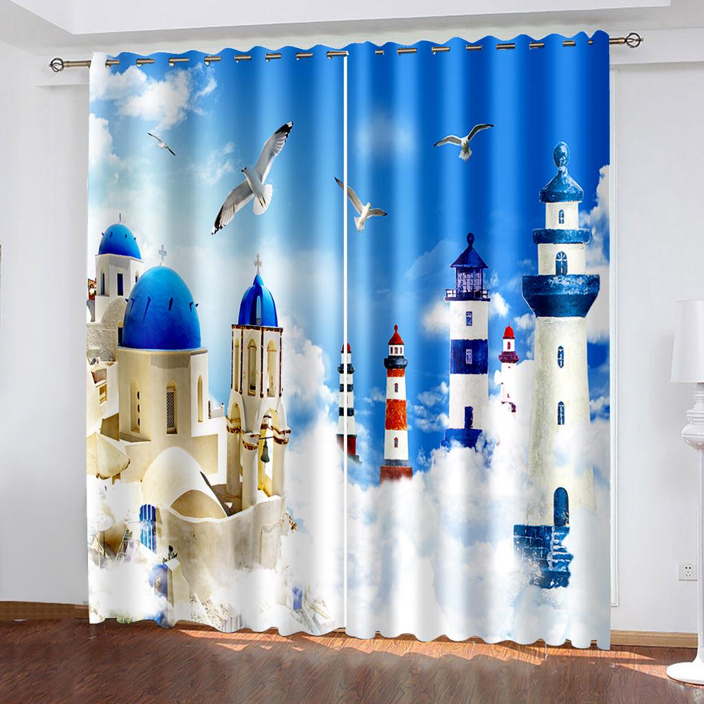 Coastal Scenery Series Deluxe Living Room Bedroom Decoration Sunshade Curtain 2 Pieces of Hook Punch