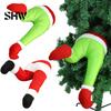 Holiday Tree Topper Attachment Christmas Elf Stuffed Leg Ornaments, Santa Green/Red Legs Decorations, Poseable Inverted for Xmas Door Wreath Fireplace