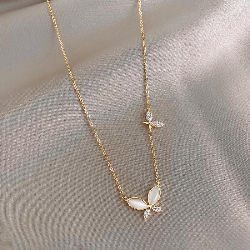 Stainless Steel Luxury Gold Color Opal Butterfly Pendant Necklace for Women Exquisite Zircon Chokers Bride Jewelry Colorfast