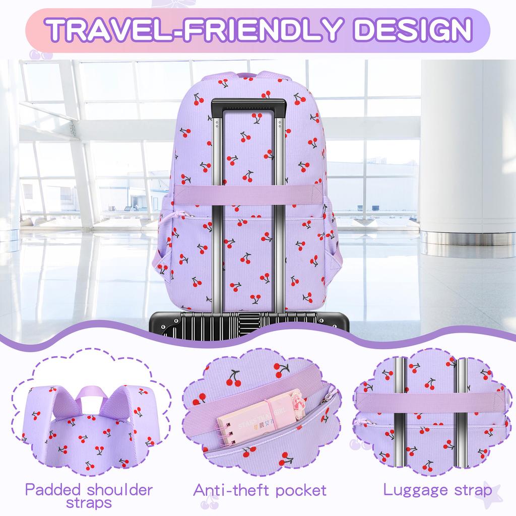 Corduroy Three-Piece Backpack Cherry Pattern Girl Heart Large Capacity Lightweight Backpack
