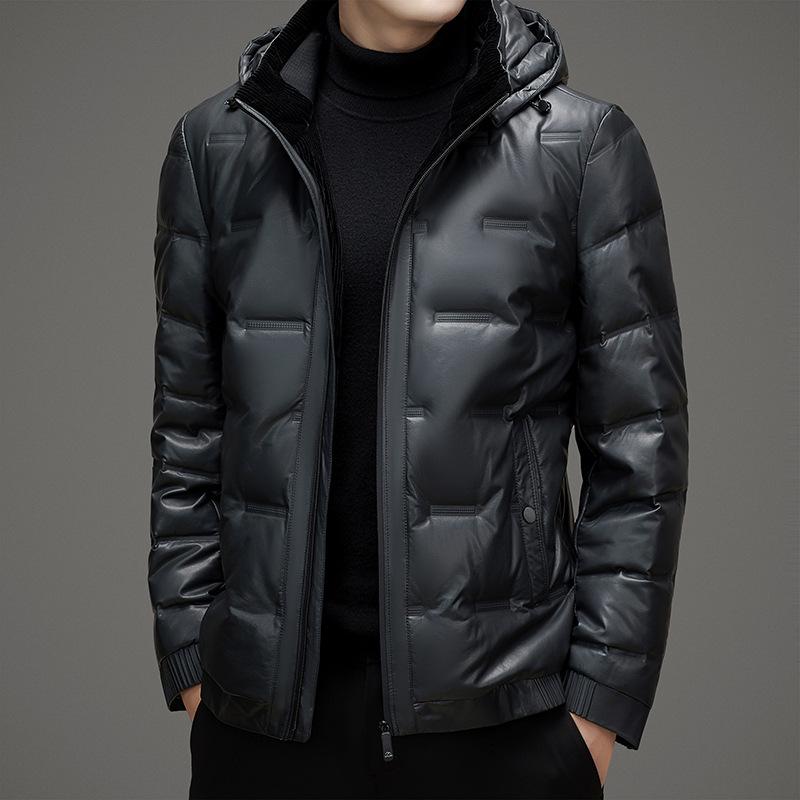 2025 Winter Men's Shiny Leather Hooded Down Jacket - Casual, Warm, Pure Color Outerwear