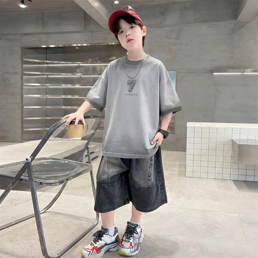 Teen Boys Set for Child Elegant T-shirts + Denim Shorts 2PCS Clothes Set Summer Kids Clothing Set