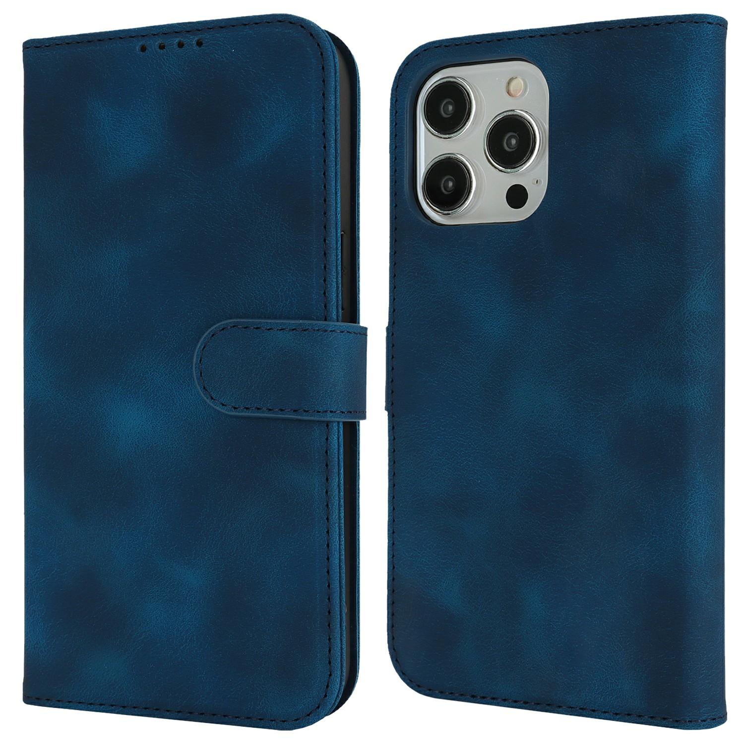 

Wallet Case for iPhone 13 Pro Max/12 Pro Max Double Folded Edge Skin Touch PU Leather Flip Phone Cover Blue