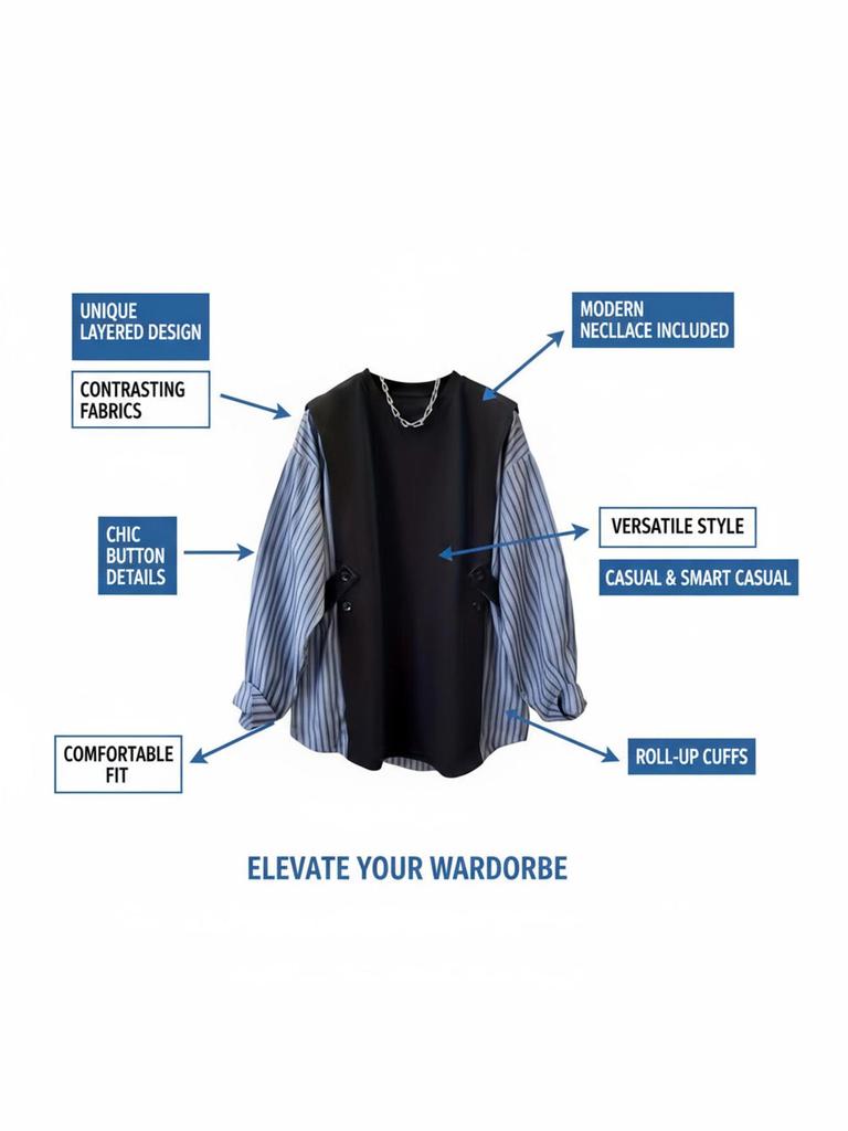 Plus Size Slimming Two-Piece Look Stripe Shirt: Women's Spring/Autumn Round Neck Long Sleeve Top