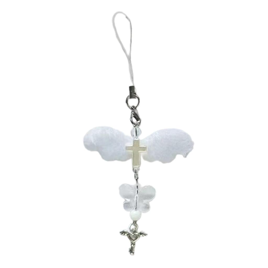 Handmade Angel Wing Phone Pendant Sweet Ribbon Bowknot Keychain Heart Beaded Phone Lanyard Acrylic Keyring Ornament