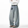 Men Loose Fit Washed Denim Jeans American Vintage Side Split Tapered Long Pants