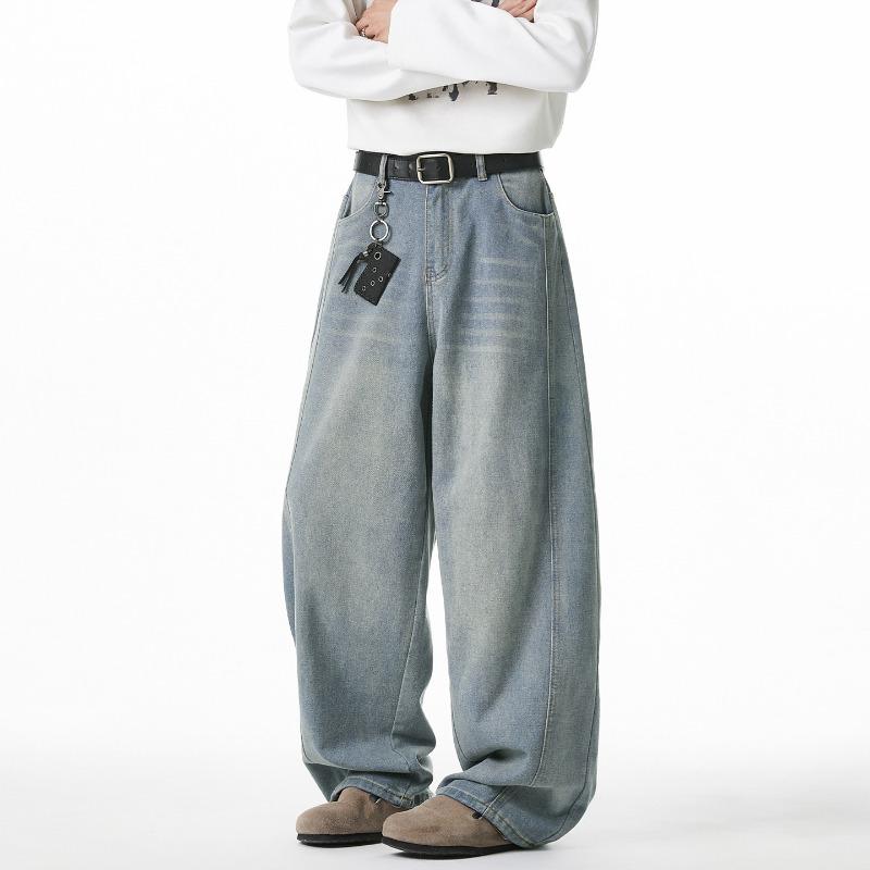 Men Loose Fit Washed Denim Jeans American Vintage Side Split Tapered Long Pants