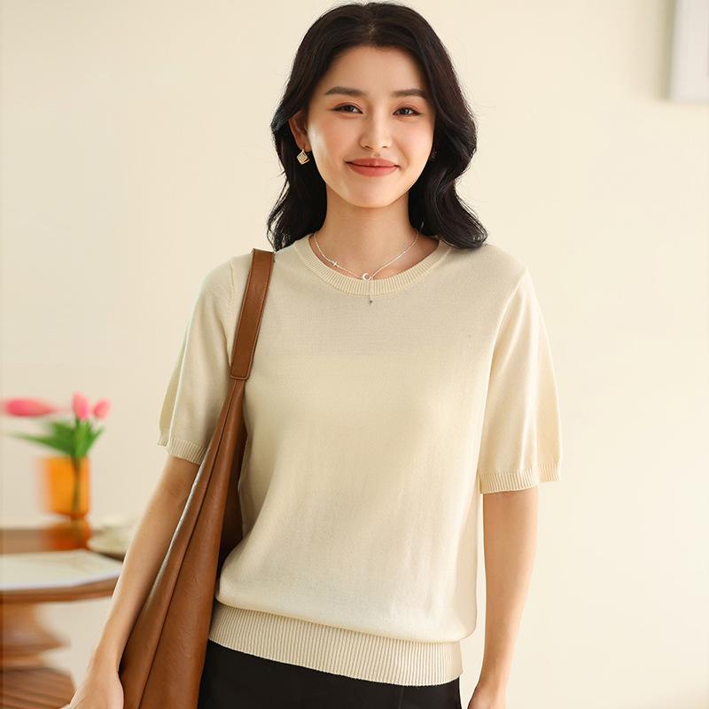 Spring Cotton Knit Short Sleeve Outerwear - Round Neck Loose Fit Solid Color Top