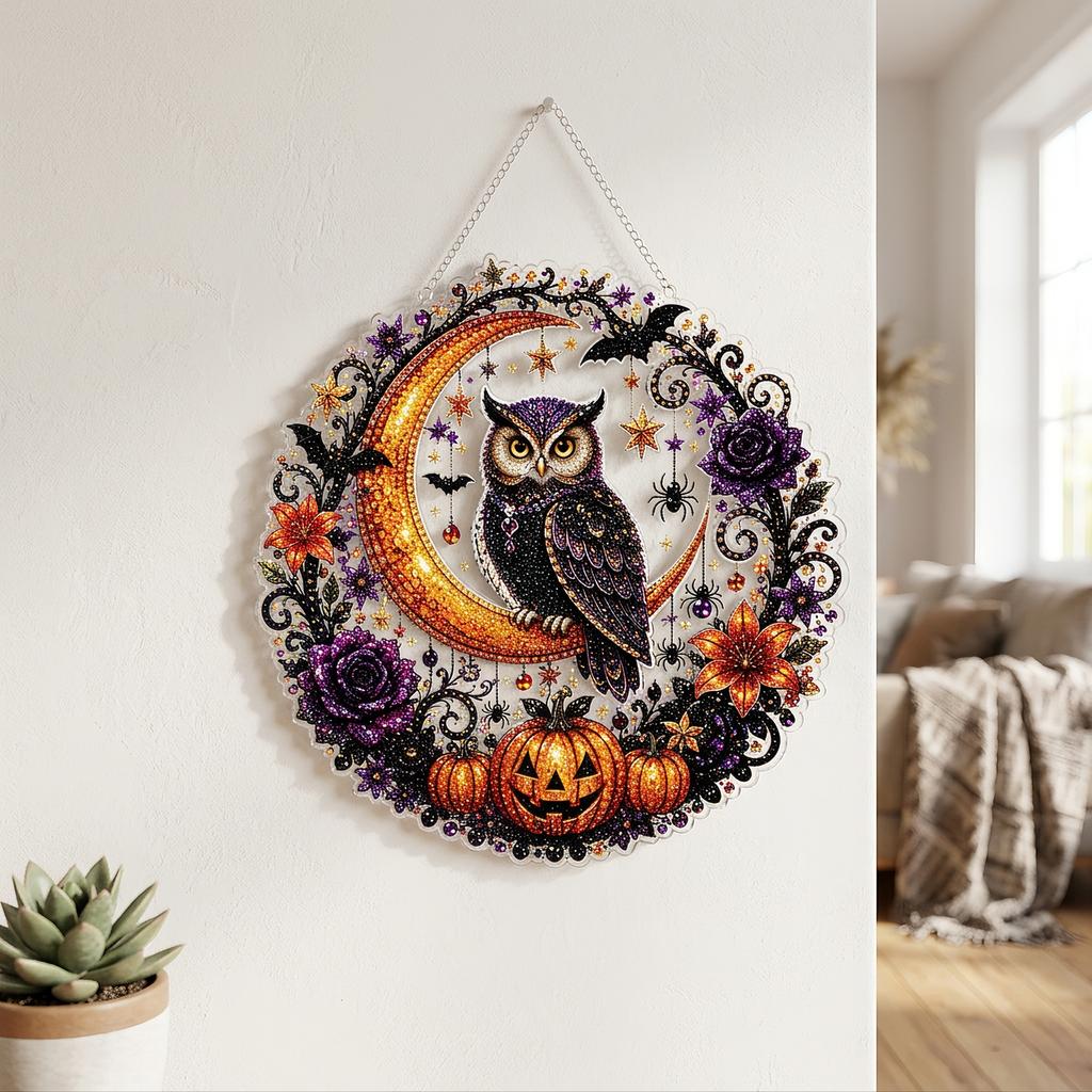 Diamond Art Hanging Ornament Kit Owl, Halloween Christmas Thanksgiving Home Door Decor Craft