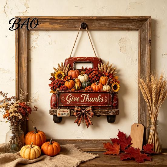 Outdoor Front Door Hanging Decor Harvest Pumpkin Truck Sign for Door, Wooden Fall with Retro Pickup Home Hemp Rope, Distressed Farmhouse Welcome Sign,