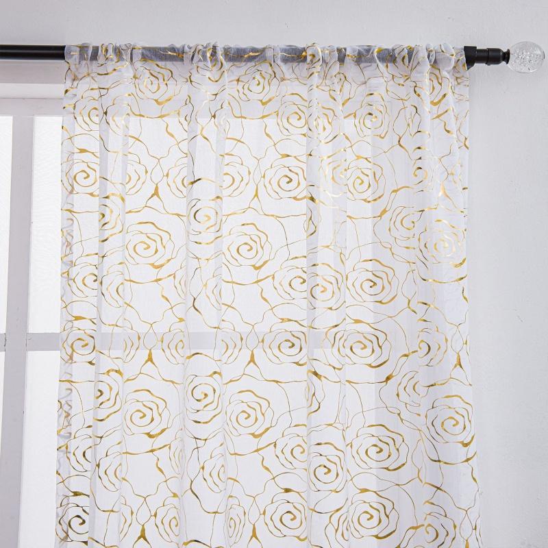 Rose Gold Foil Sheer Curtain – Floral Semi-Blackout Window Curtain, Rod Pocket, 1 Panel, Home Decor