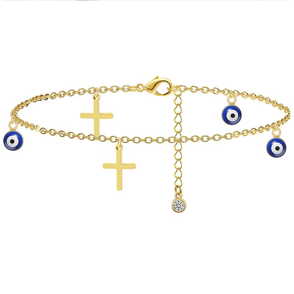 Stainless Steel Anklet For Women Turkey Blue Eye Of Evil Cross Charm Ankle Bracelet Waterproof Chain On Foot Jewelry