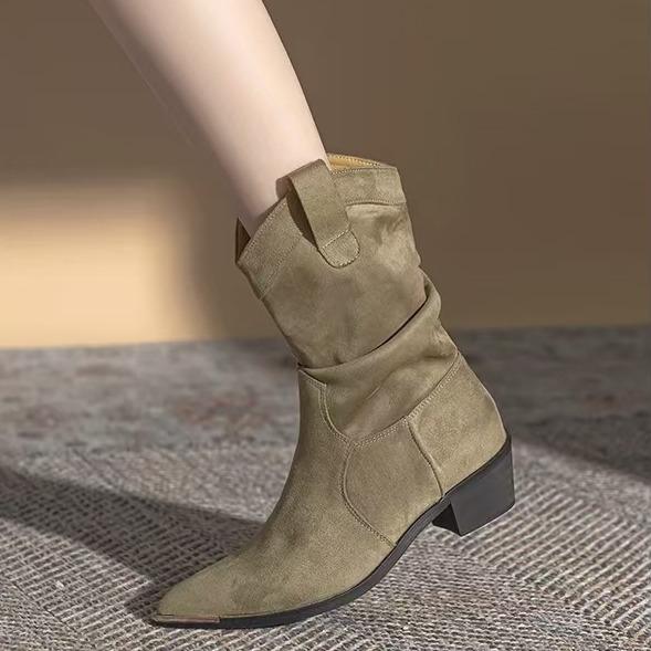 Short boots children's one-pedal medium tube stacking boots 2025 autumn trend v-mouth thin boots pointed western cowboy boots