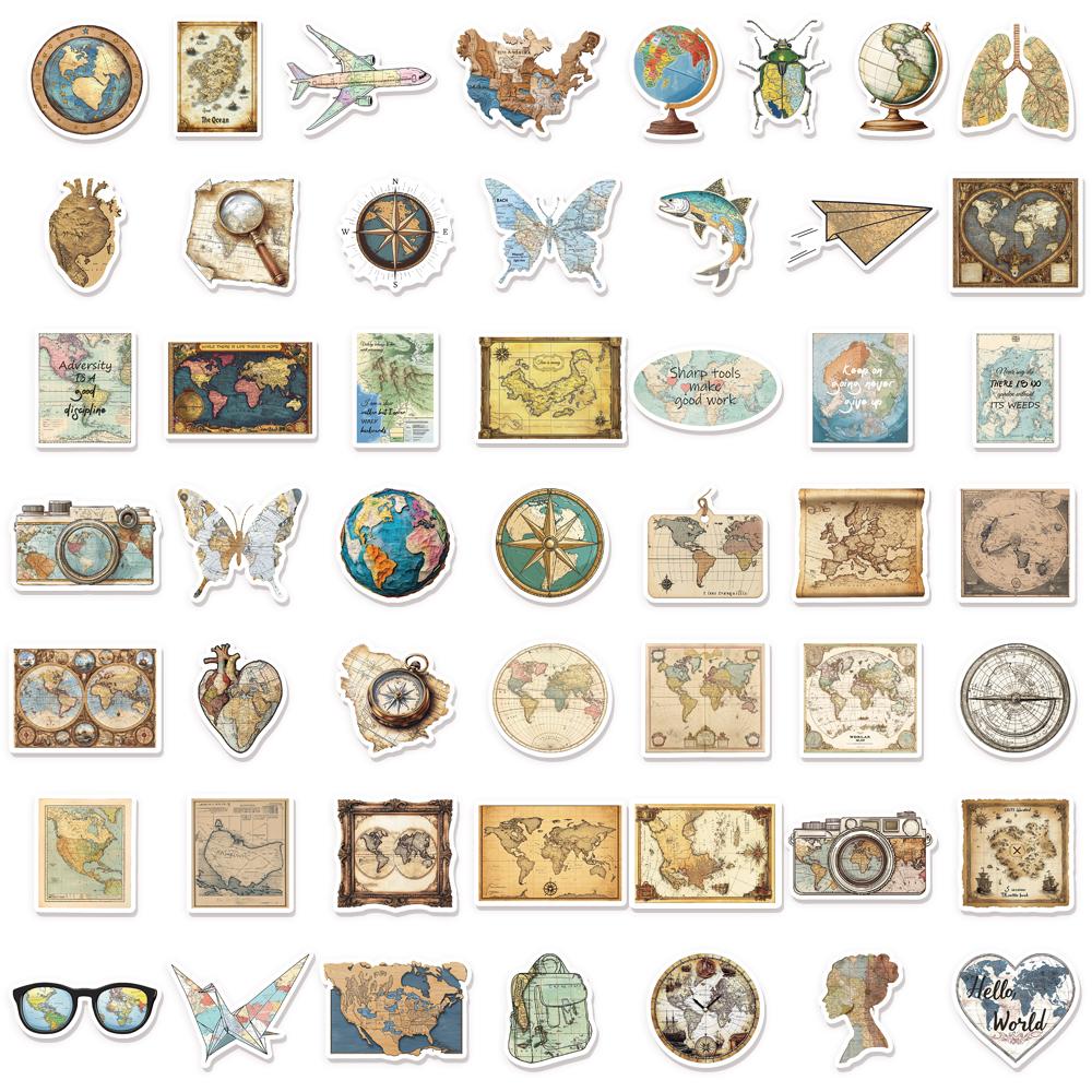50PCS Retro Map Graffiti Stickers DIY Handbag Luggage Skateboard Water Cup Notebook Waterproof Stickers