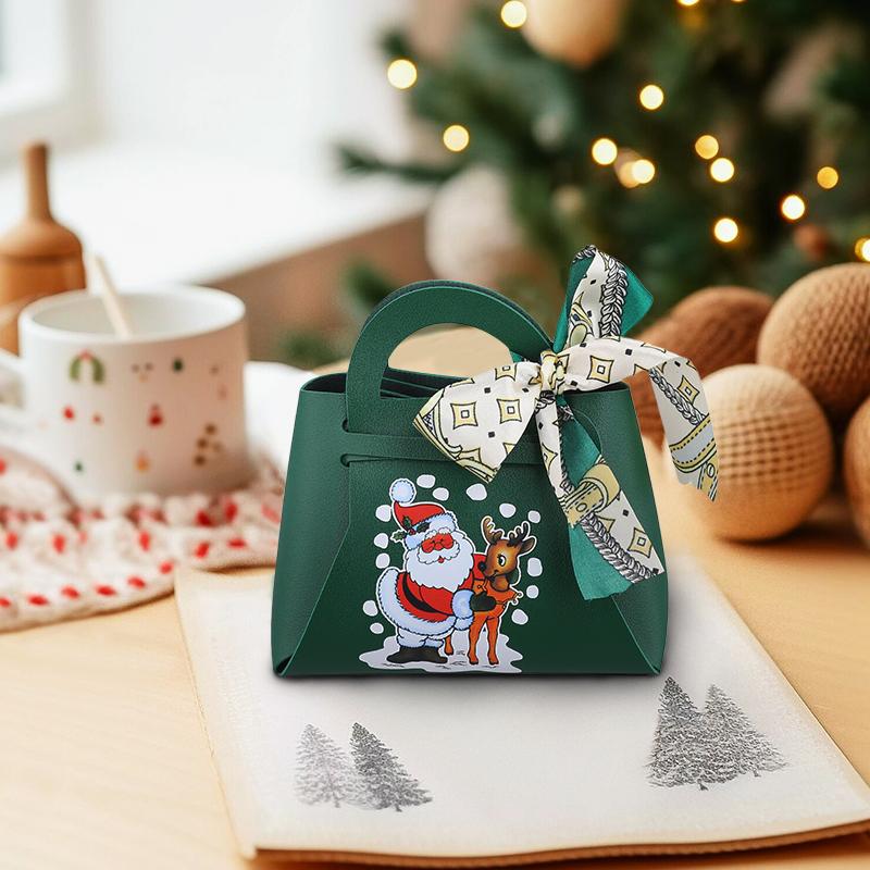 1PC Xmas Party Decor Hand Gift Bag Christmas Candy Boxes Santa Claus Print PU Leather Candy Box