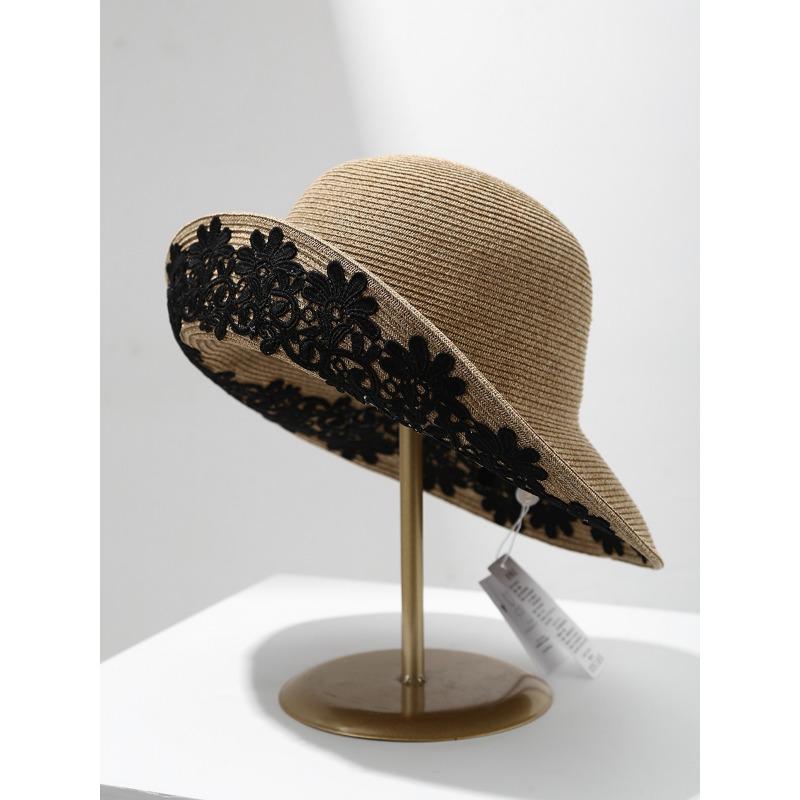 

Straw hat women s summer embroidery flower sunscreen bucket hat foldable hand hook raffia sun hat beach hat