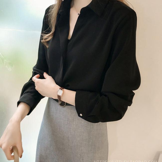 

Женская весенняя шифоновая рубашка OL с длинным рукавом - 2025 Новый корейский стиль однотонная 4XL чёрный