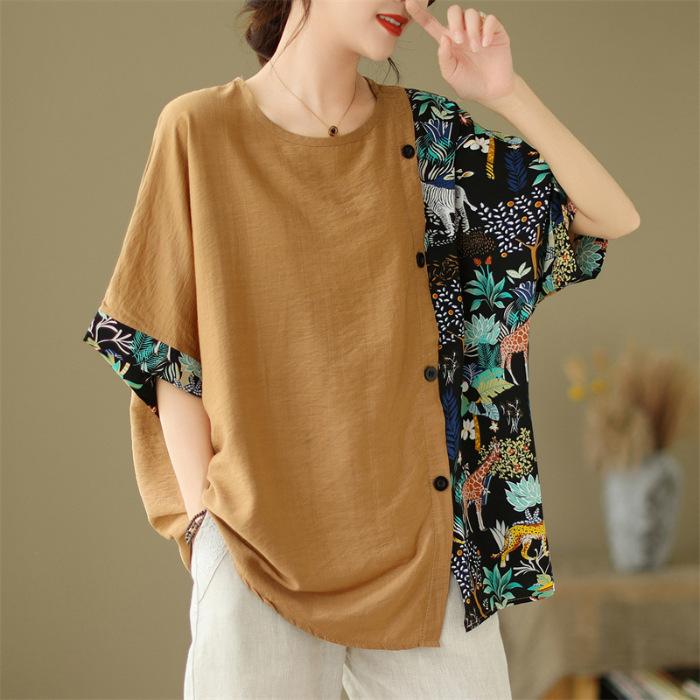 Vintage Print Patchwork Tops Summer Short Sleeve Irregular Loose Plus Size Casual T Shirts Fashion Elegant Women Clothing