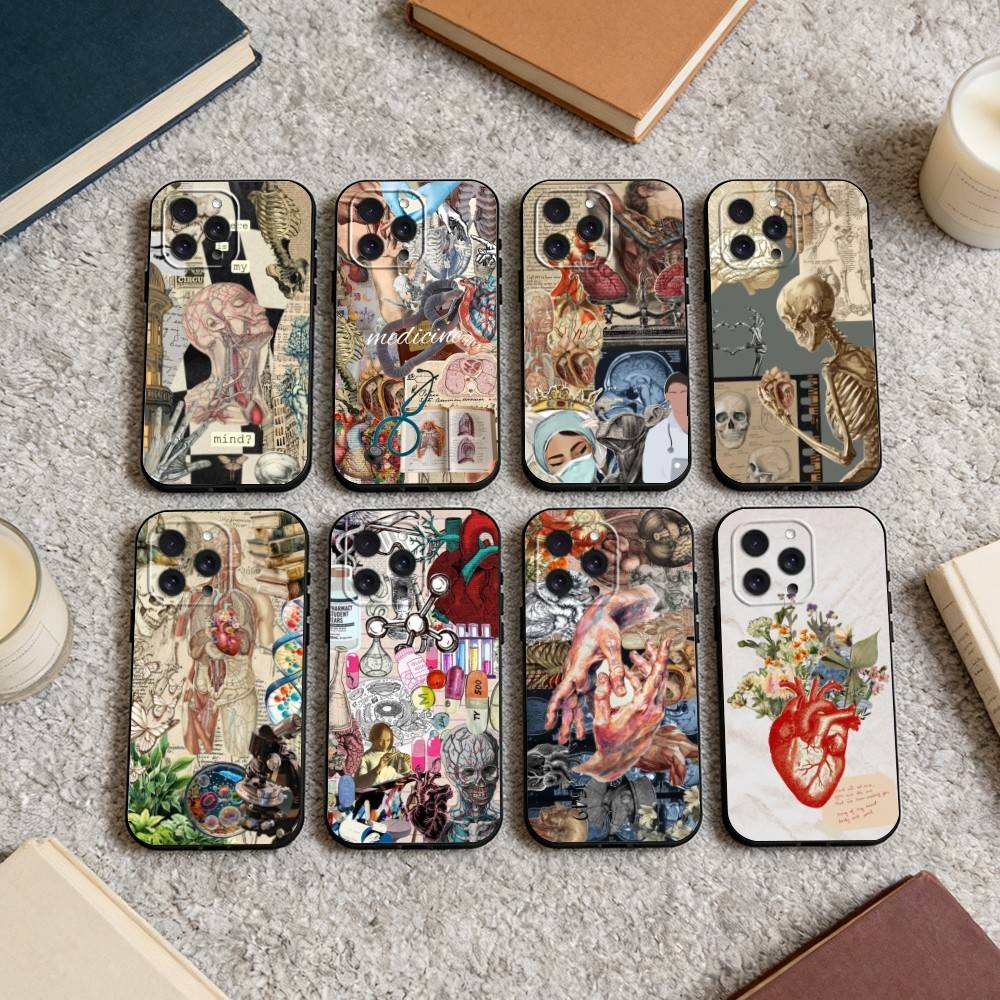 Medical Art Medicine Collage Phone Case For iPhone 16,15,14,13,12,17,Pro Max,Plus Silicone Black Case