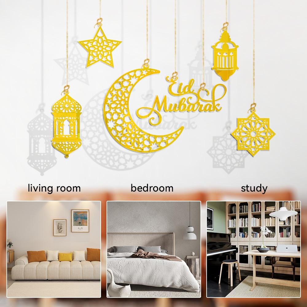 Eid Mubarak Pendant Decoration Star Moon Hanging Ornament Acrylic Mirror Ramadan Kareem Home Background Muslim Party Supplies