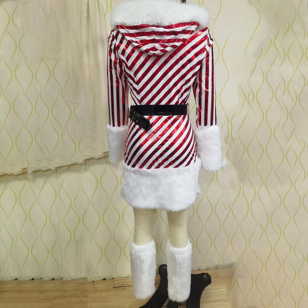- Langärmelige gestreifte Lackleder-Weihnachtskleidung Fußabdeckung sexy Weihnachtsbekleidung, Party-Cos-Weihnachtskleidung