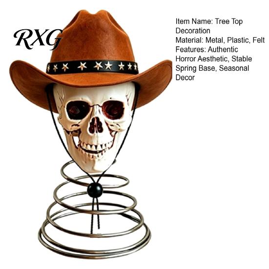 Engraved Bone Pattern Skull Gothic Tree Topper with Cowboy Hat, Vintage Western Dark Retro Christmas Decor Skeleton Ornament for Halloween, Spooky Top