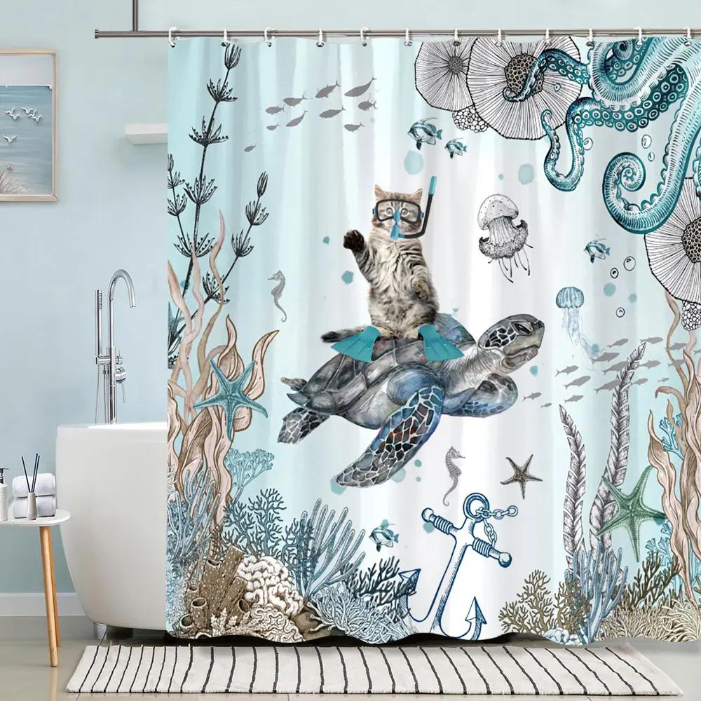 Turtle Shower Curtain Summer Beach Anchor Nautical Starfish Watercolour Art Creative Polyester Shower Curtains Bathroom Decor