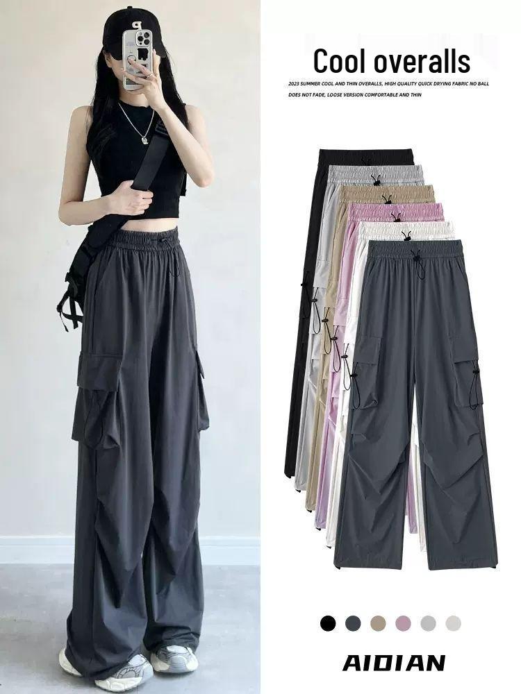 Women's High Waist Gray Wide Leg Parachute Pants - Summer Casual, Quick-Dry American Style Sportswear