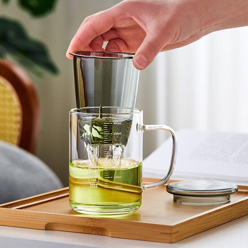 Lvchangming Glass Tea Cup with Thick Wooden Handle, Large Capacity Tea Infuser Mug for Office And Home Use with Filter, Transparent