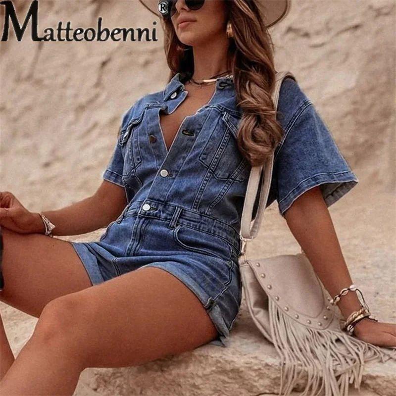 Collar Short Sleeve Denim Jumpsuit Shorts Lapel Short Sleeve Denim Jumpsuit