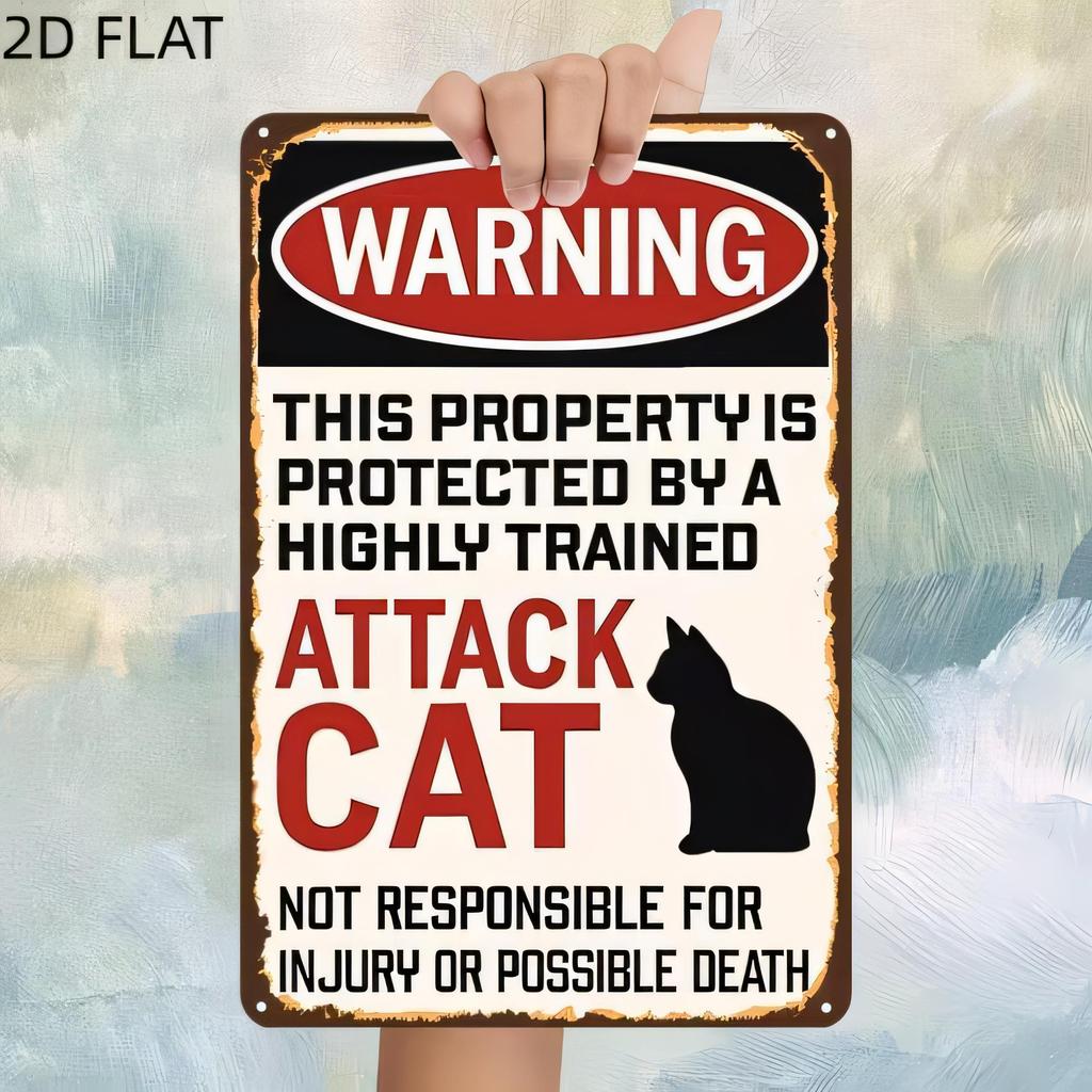 Tin Sign Warning This Property Is Protected By a Highly Trained Attack Cat Funny Cat Pet Lover Metal Wall Plaque Retro Rustic