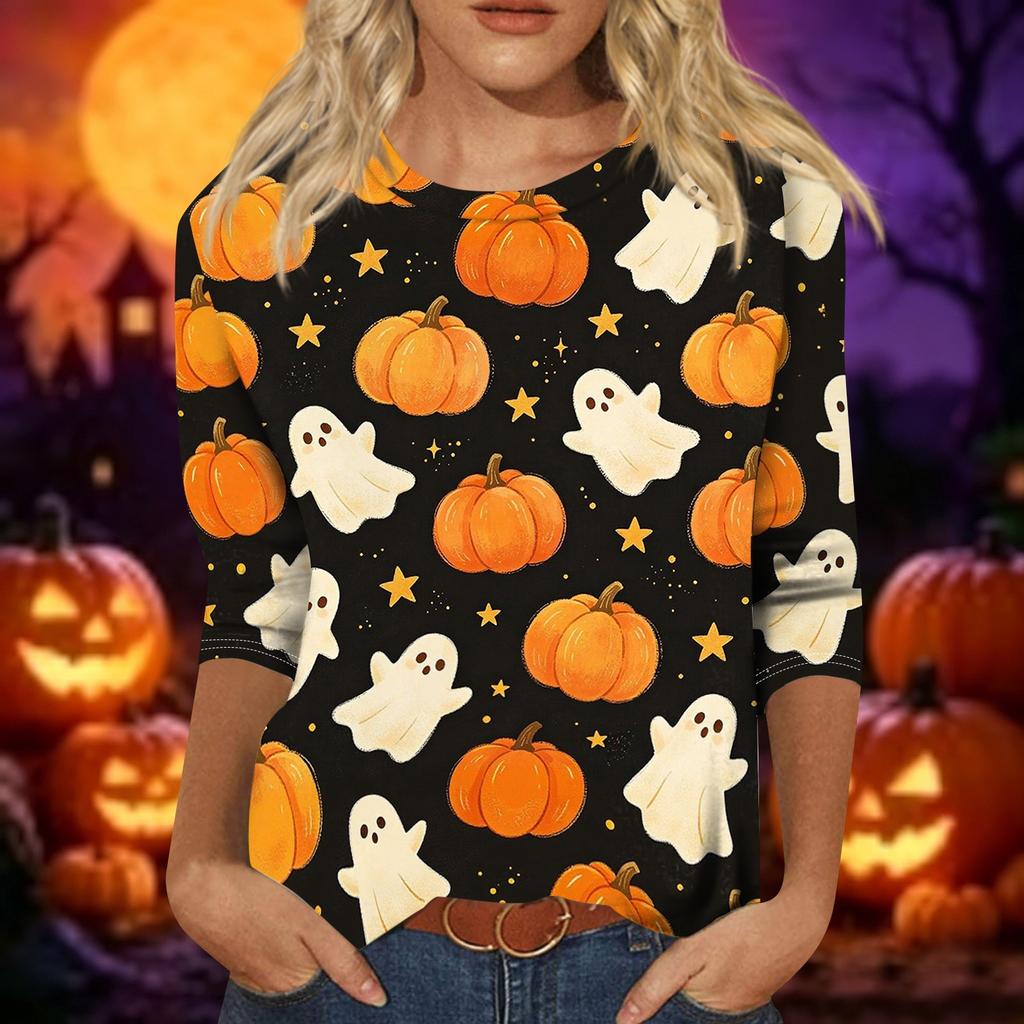 Women's Casual 3/4 Sleeve Halloween Graphic Top Crew Neck Printed Shirt Lightweight Comfortable Fit
