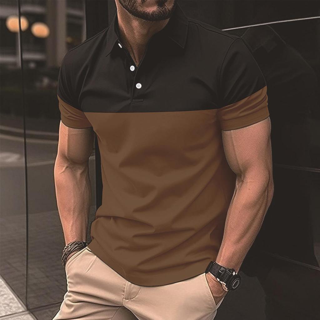 New Fashion Men's Casual POLO Shirt Fashion V-neck Button Business Colour Blocking T-shirt Tops