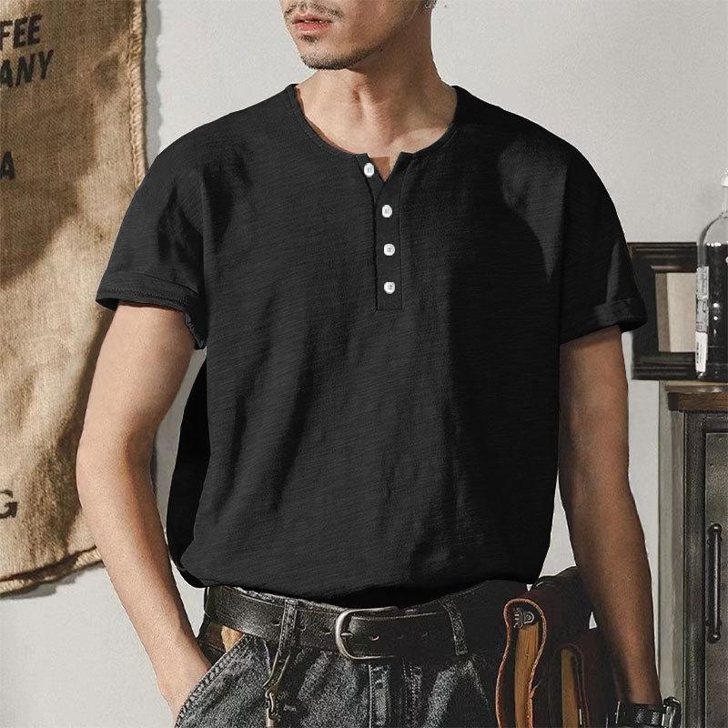 Heavyweight Bamboo Henry Collar Men's T-shirt Short-sleeved Summer Casual American Big Size Solid Colour Men's Button Up Tops