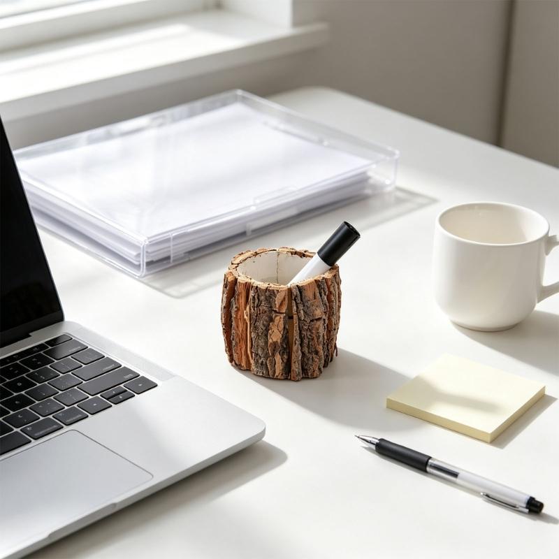 Wood Pencil Cup 4.7X3.9Inch Desktop Pencil Organiser Caddy for Markers, Scissors, and Small Tools, Natural Texture Container for Small Arrangement