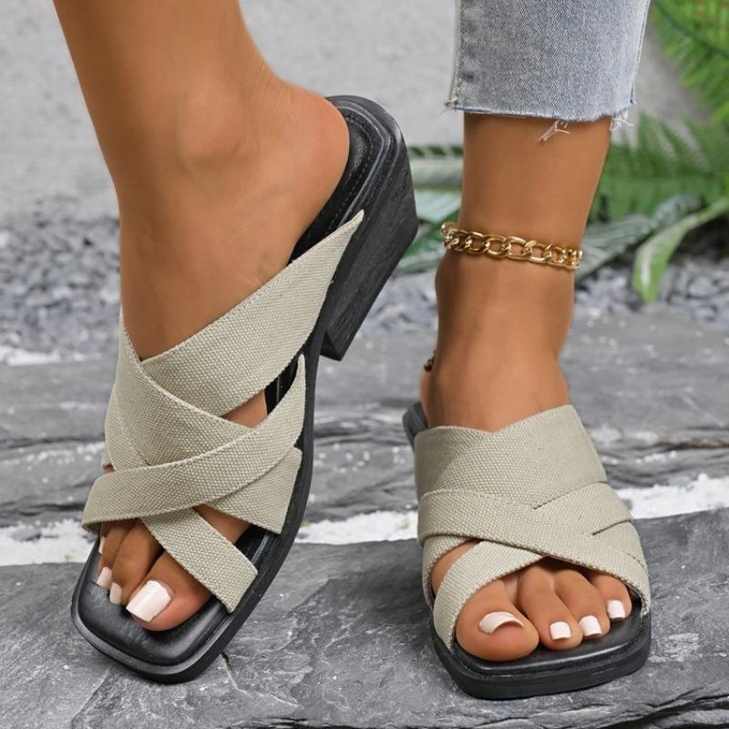 

Шлепанцы большого размера с перекрестными ремешками на толстом высоком каблуке для женского лета, новые сандалии с квадратным носком на одной педали для женщин 42