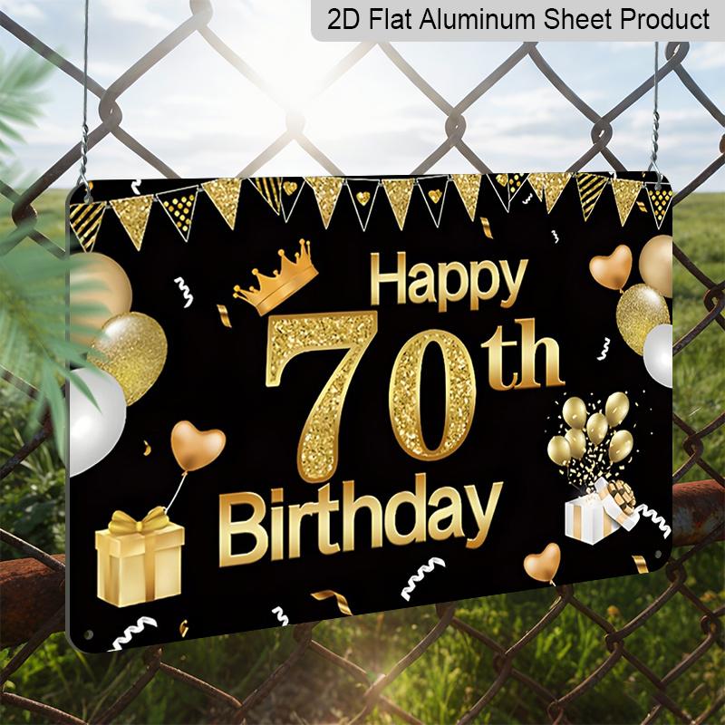 2D Flat, 1pc "Happy 70th Birthday" Black & Gold Plaque - 70th Birthday Decor Sign with Glitter Number & Balloons, Black & Gold - Aluminium Wall