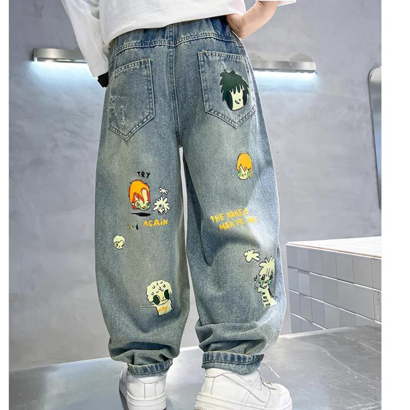 Boys' Jeans Spring and Autumn Cartoon Children's Pants Fashionable Big Boys' Straight Leg Pants Kids Hip Hop Pants 4-14Year