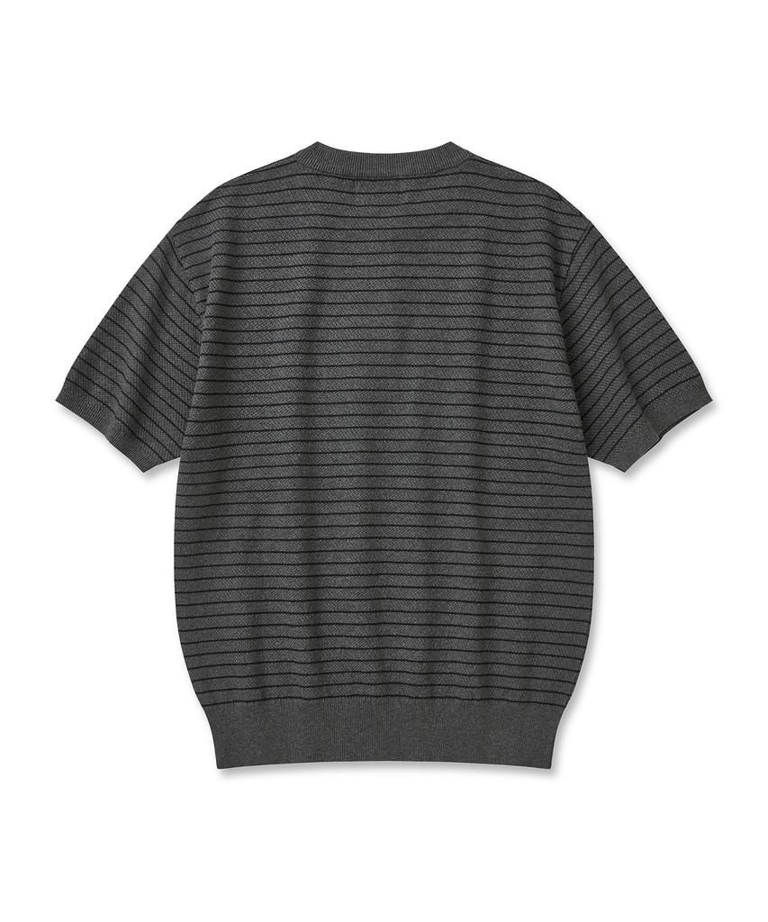 CUZNELLO Cool Cotton Striped Henley Neck Short Sleeve Knit_Charcoal