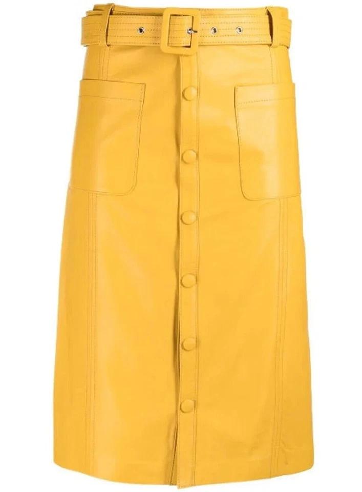 Handmade Yellow Lambskin Unique Women's Skirt Hot Slim Leather Genuine Belt