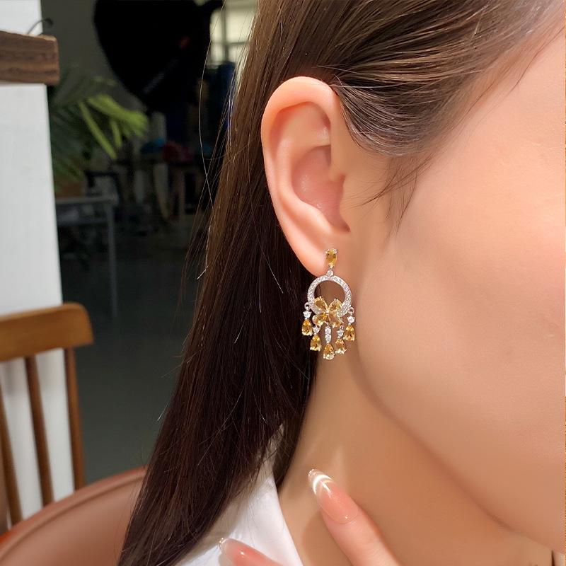 S925 Silver Colorful Crystal Tassel Earrings French Palace Style Drop Earrings