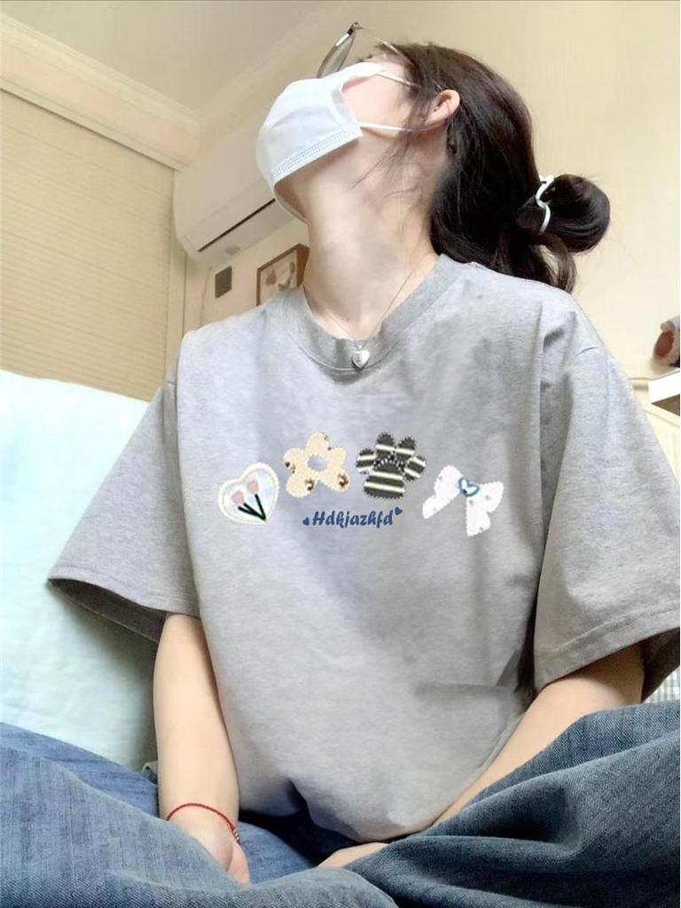 Women's Pure Cotton Short Sleeve T-Shirt - 2025 Summer Style with Straight Shoulder Design, Loose Half Sleeve, Niche American Fashion