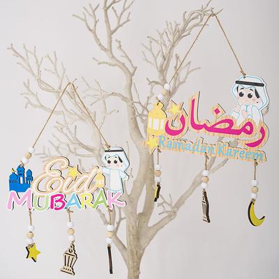 Holzbuchstaben Eid Mubarak Ornament Mond Burg Sterne Türhänger Anhänger Eid Al Adha Geschenke Ramadan Dekorationen für Zuhause