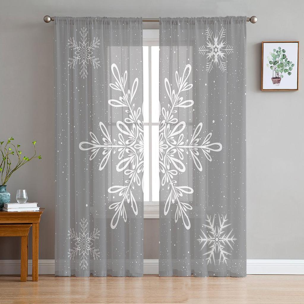 Christmas Snowflake Texture Tulle Window Treatment Sheer Curtains for Kitchen Living Room The Bedroom Curtains Decoration
