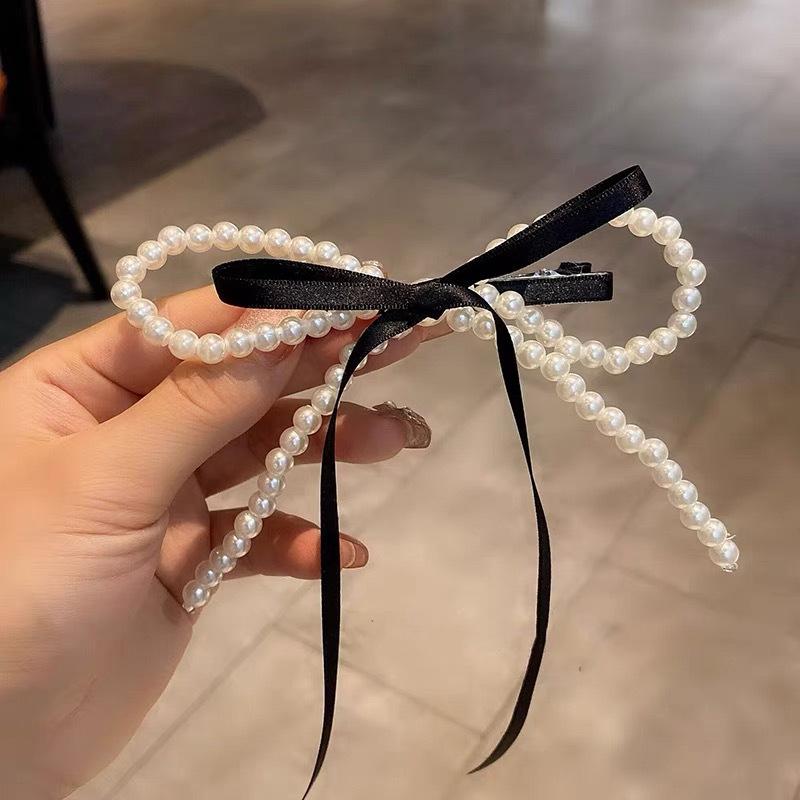 Fairy Ribbon Bowknot Pearl Barrettes Korean Style Sweet Fresh Side Clip Elegant Bow Duckbill Clip Temperament Headdress