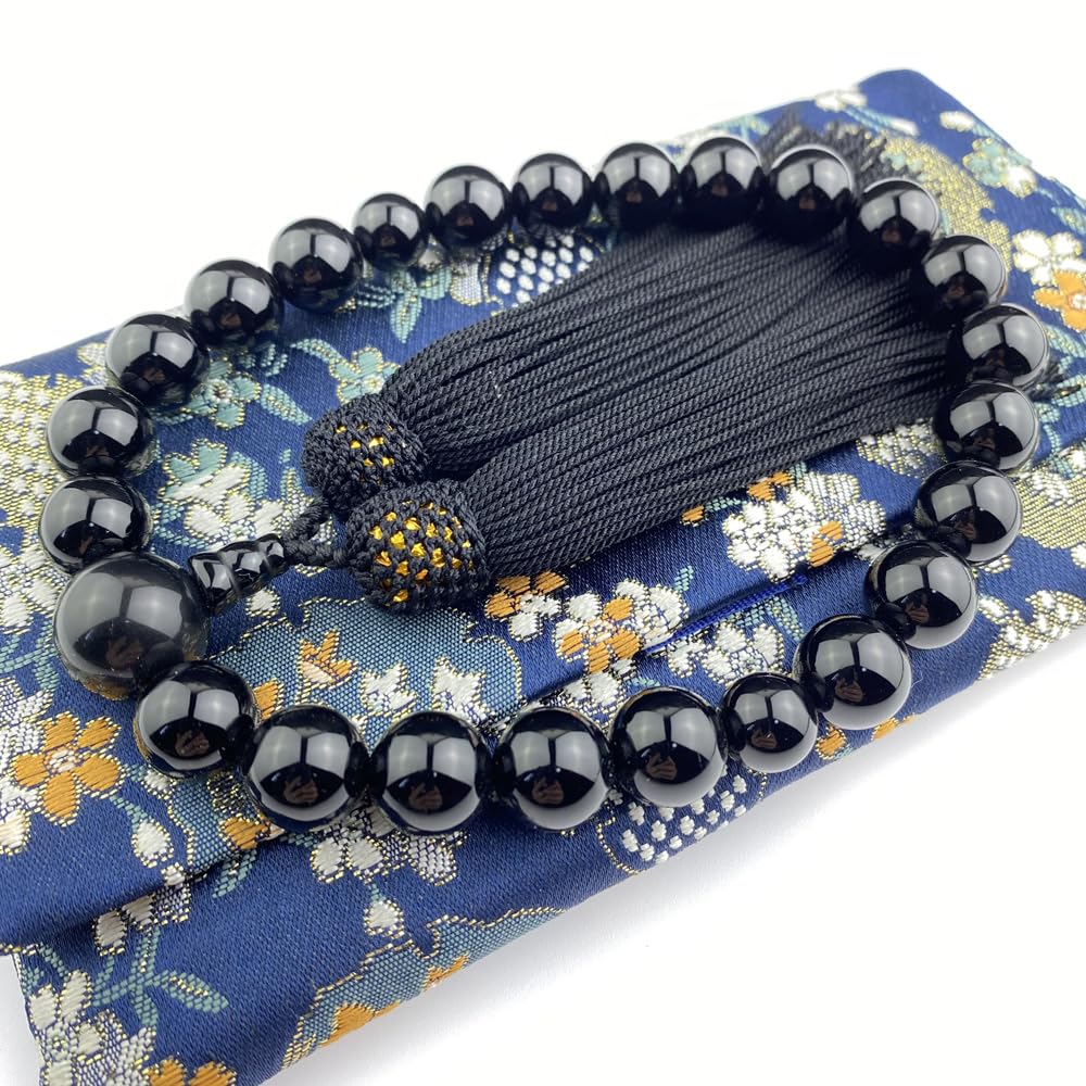 WONDERFUL LOTUS Buddhist Prayer Beads Juzu for Men Ebony Black Onyx Tiger Eye 22 Beads Pure Silk Tassel with Pouch for All Sects Funeral Memorial