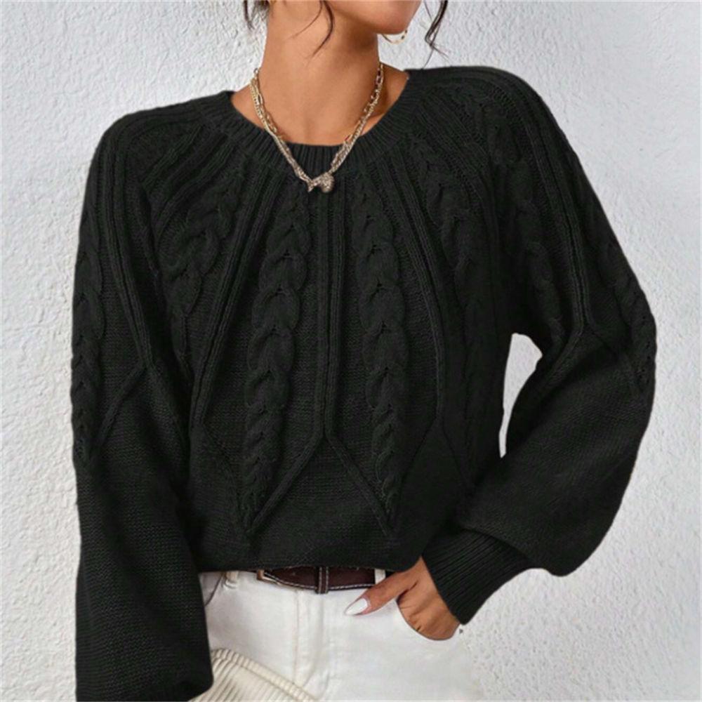Women's Autumn/Winter Solid Color Cable Knit Sweater, Loose Crew Neck Lantern Sleeve Versatile Knit Top S-XL